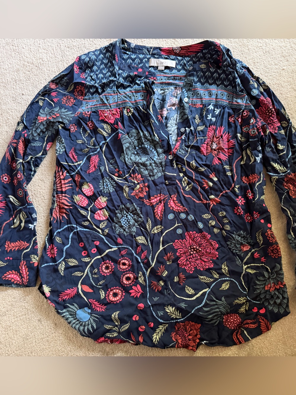 LOFT Navy Floral and Stripe Mixed-Print Blouse with Pink Accents